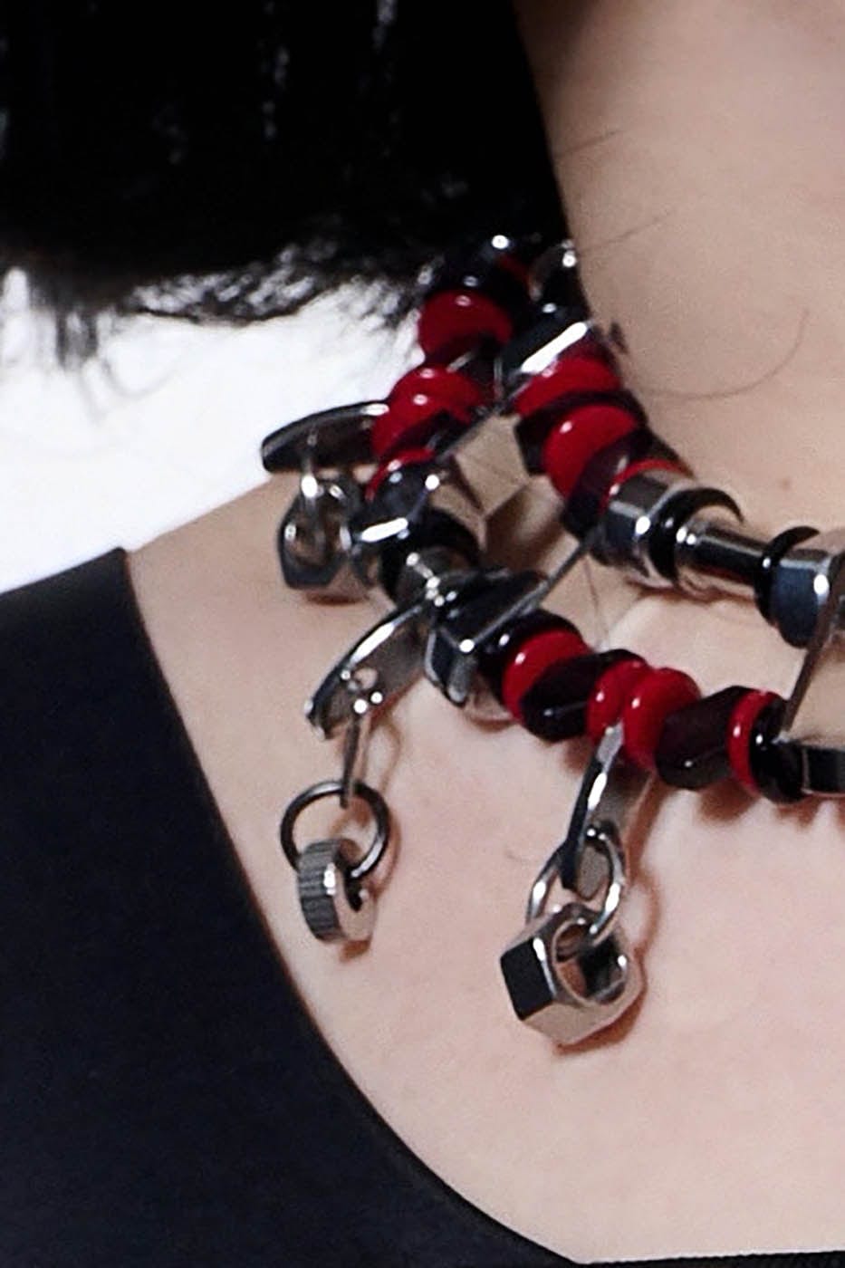 Mechanical Heart Beaded Necklace -  gothic necklace - Double-Strand Beaded Necklace with Heart Detail - View 4