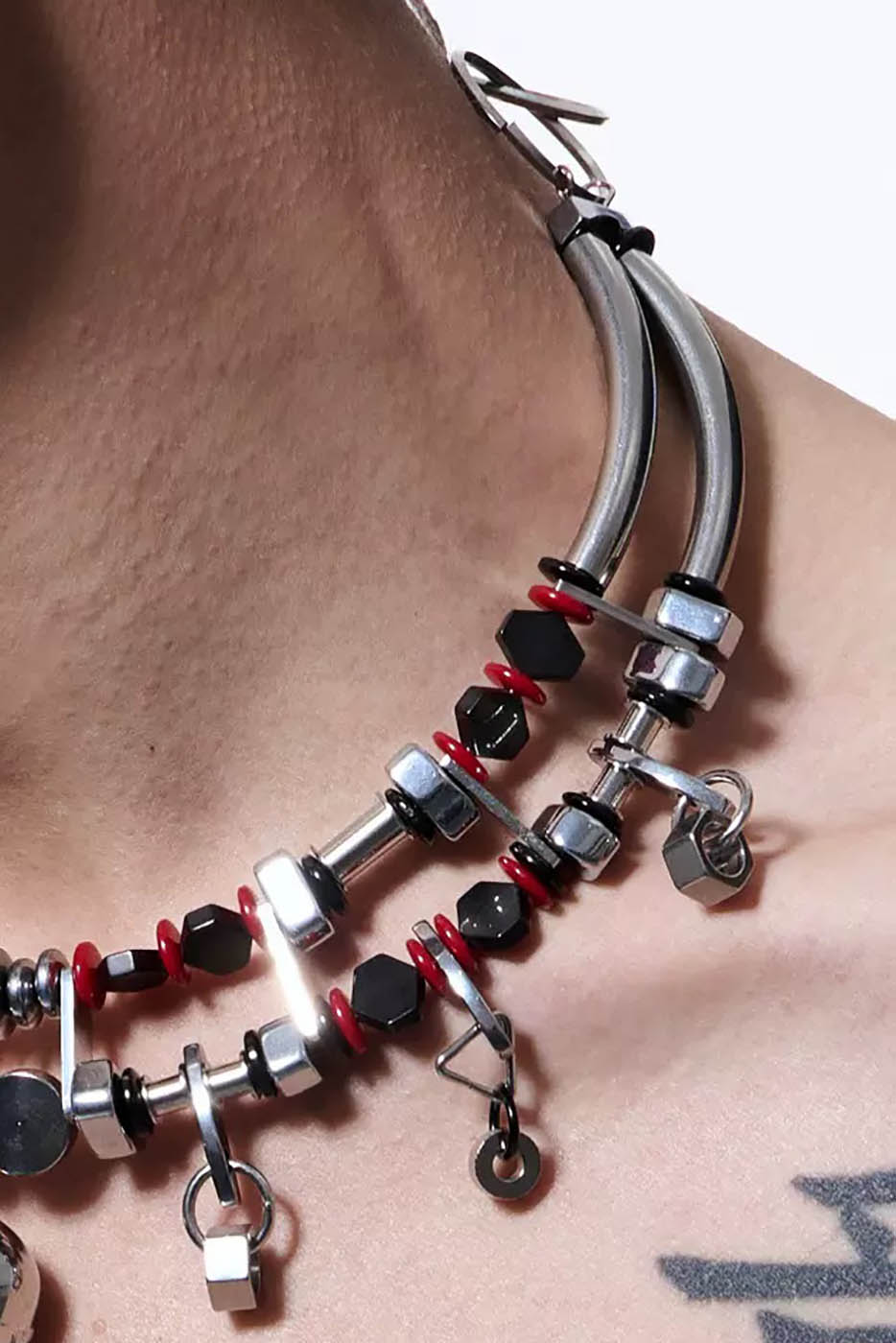 Mechanical Heart Beaded Necklace -  layering jewelry - Double-Strand Beaded Necklace with Heart Detail - View 5