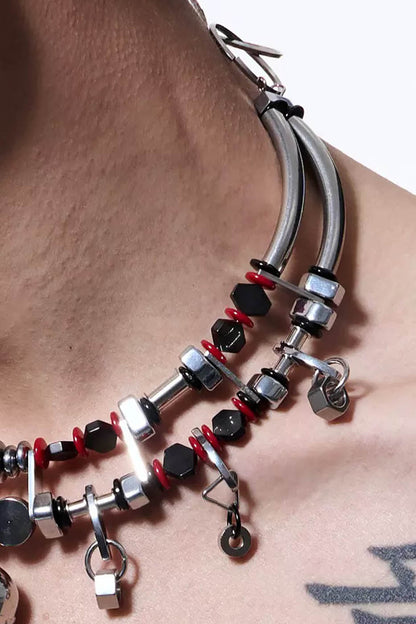 Mechanical Heart Beaded Necklace -  layering jewelry - Double-Strand Beaded Necklace with Heart Detail - View 5