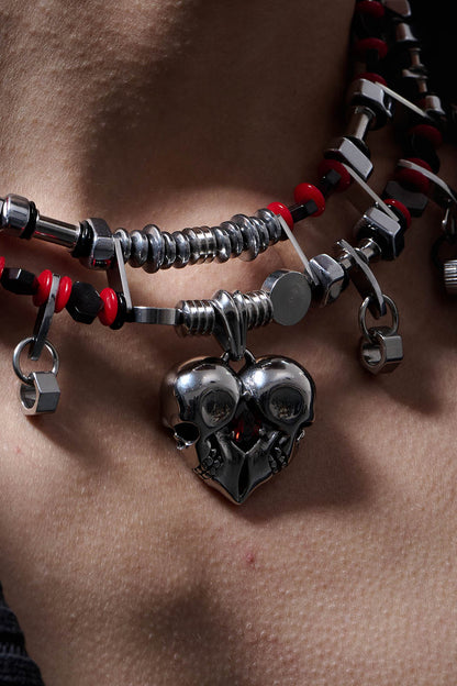 Mechanical Heart Beaded Necklace -  metallic heart - Double-Strand Beaded Necklace with Heart Detail - View 6