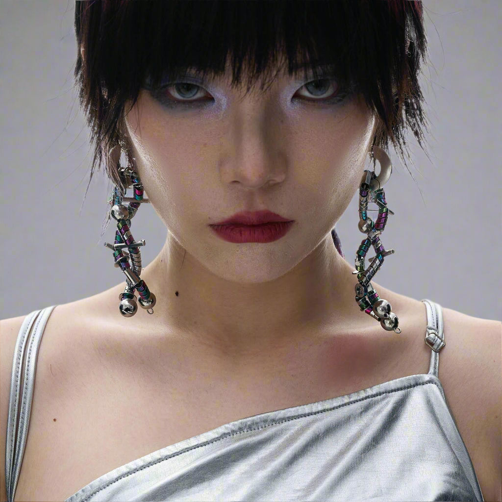 A person wearing multicolored, mechanical aesthetic ear clips with a chrome finish.