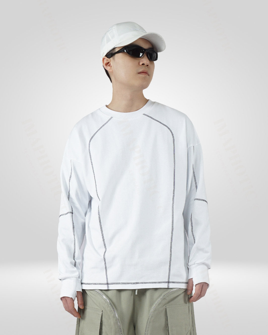 Men's White Cotton Sweatshirt - Round Neck Long Sleeve - men's sweatshirt - Men's White Cotton Sweatshirt with Round Neck - Main view