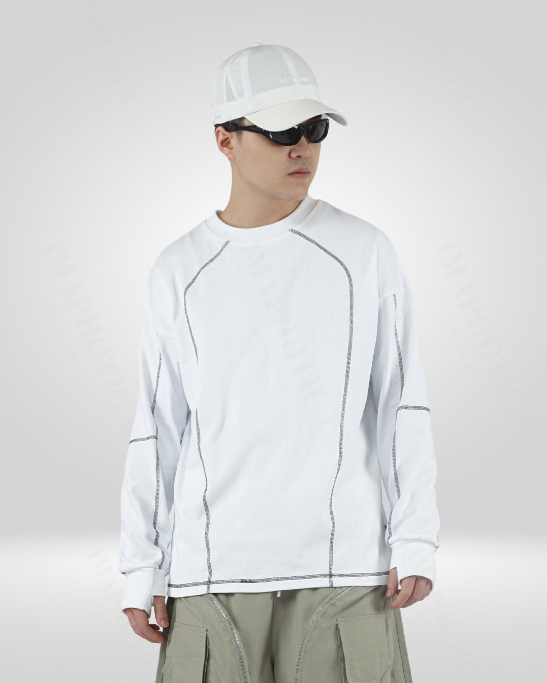 Men's White Cotton Sweatshirt - Round Neck Long Sleeve - round neck sweatshirt - Men's White Cotton Sweatshirt with Round Neck - View 2
