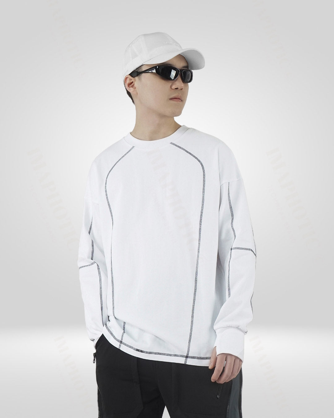 Men's White Cotton Sweatshirt - Round Neck Long Sleeve - Summer Techwear - Men's White Cotton Sweatshirt with Round Neck - View 3