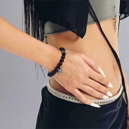 Obsidian Trident Beaded Bracelet - obsidian bracelet - Obsidian Trident Beaded Bracelet for Spiritual Growth - Main view