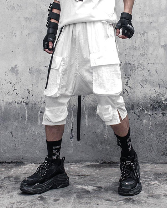 White Techwear Cargo Shorts