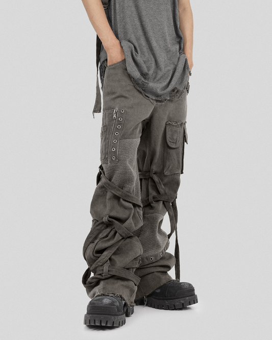 Patchwork Cargo Pants with Straps - cargo pants - Patchwork Cargo Pants with Creative Strap Design - Main view
