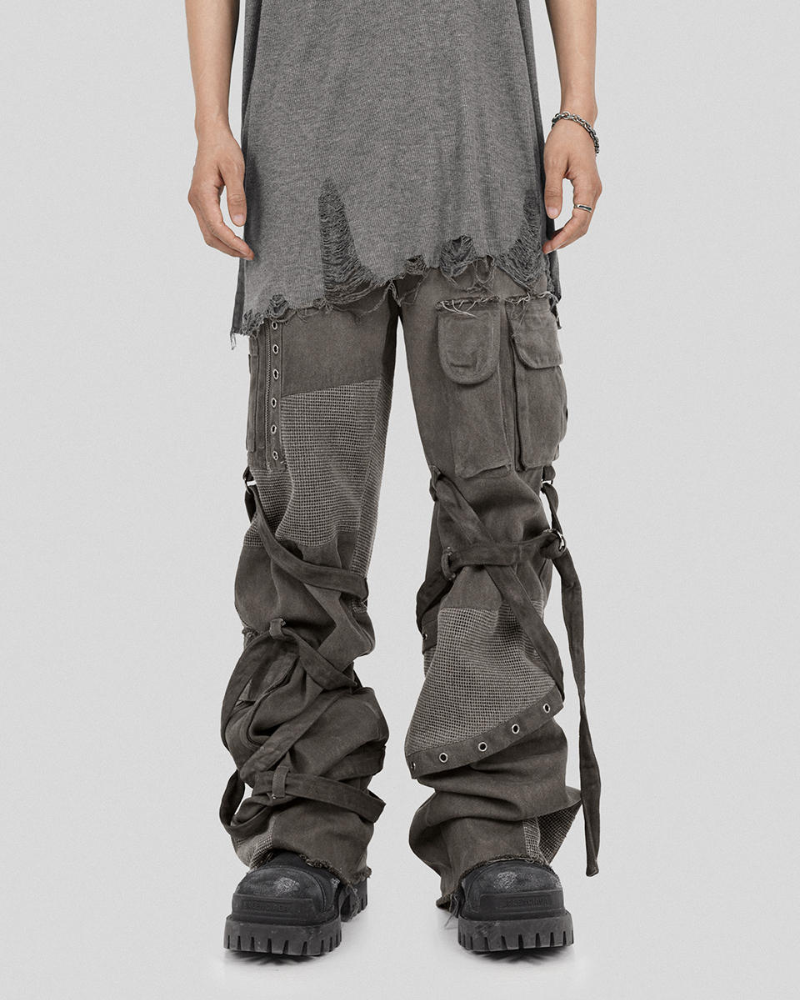 Patchwork Cargo Pants with Straps -  cyberpunk fashion - Patchwork Cargo Pants with Creative Strap Design - View 4