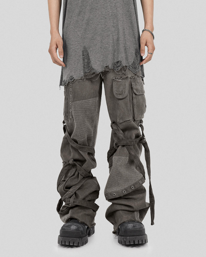 Patchwork Cargo Pants with Straps -  cyberpunk fashion - Patchwork Cargo Pants with Creative Strap Design - View 4
