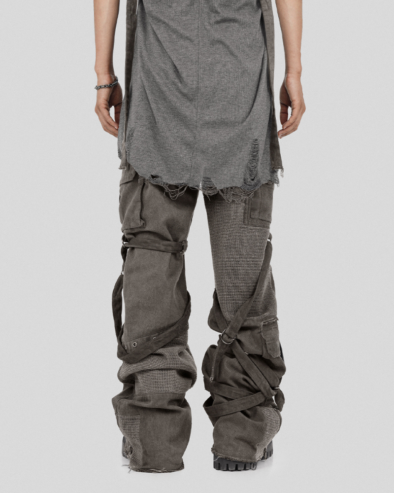 Patchwork Cargo Pants with Straps - unique cargo pants - Patchwork Cargo Pants with Creative Strap Design - View 2