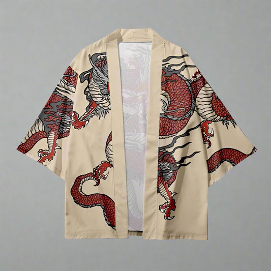 Stylish Tan Kimono Cardigan with Red Dragon Design