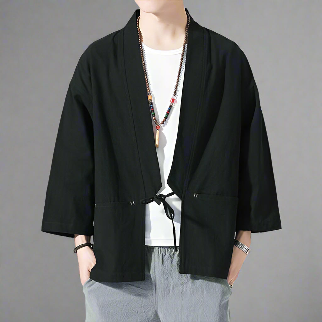 Pocketed Kimono Delight -  comfortable layering - Pocketed Kimono Delight - Versatile Haori-Style Cardigan - View 3