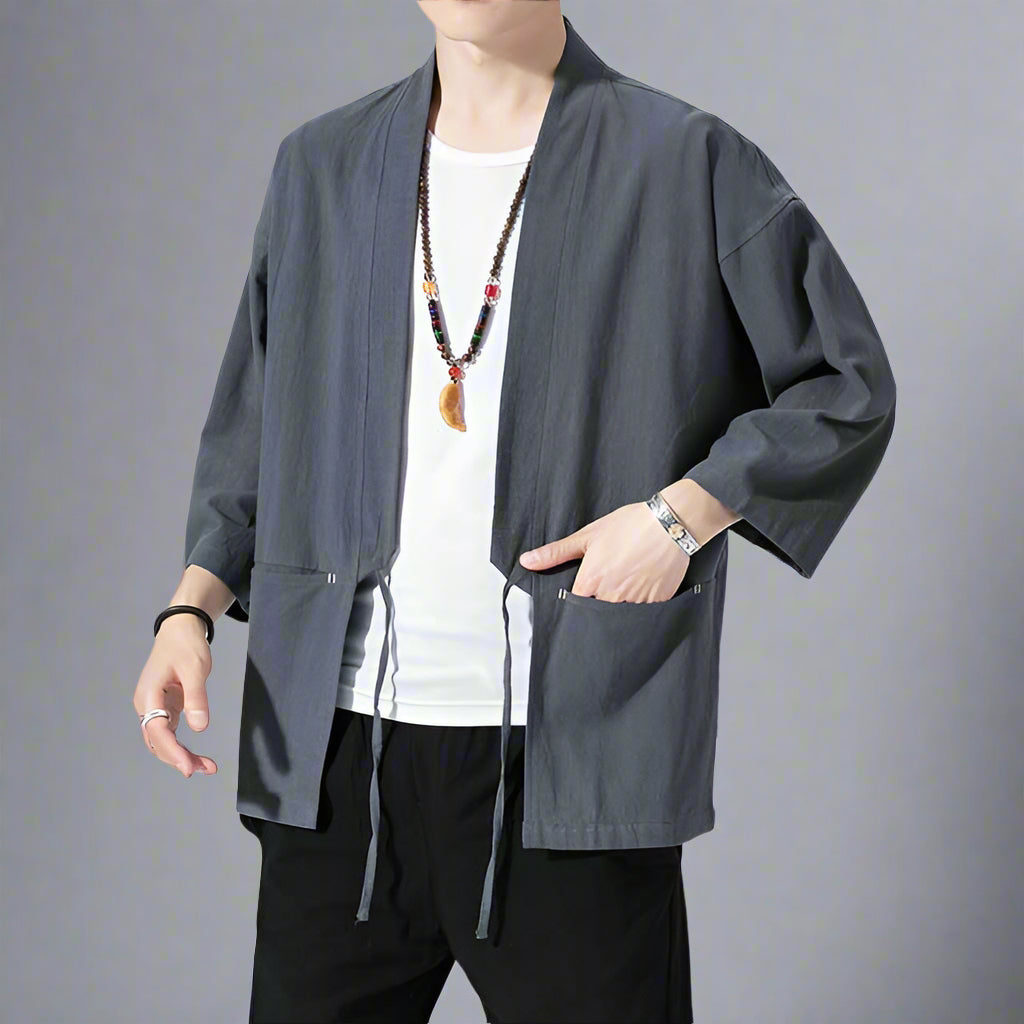 Pocketed Kimono Delight - haori kimono - Pocketed Kimono Delight - Versatile Haori-Style Cardigan - Main view