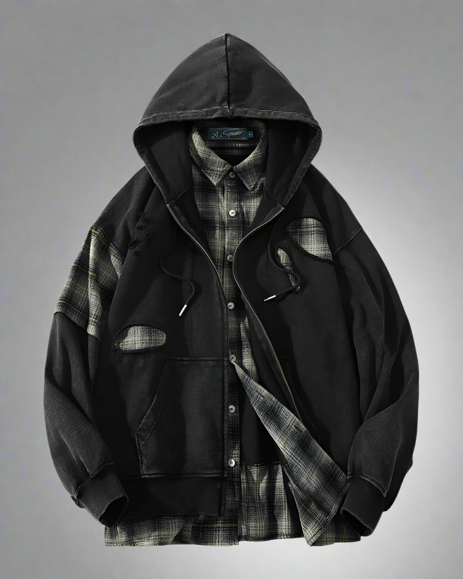 Rebel Ripped Two-Piece Hoodie Shirt -  futuristic aesthetics - Techwear-Inspired Ripped Two-Piece Hoodie Shirt - View 11