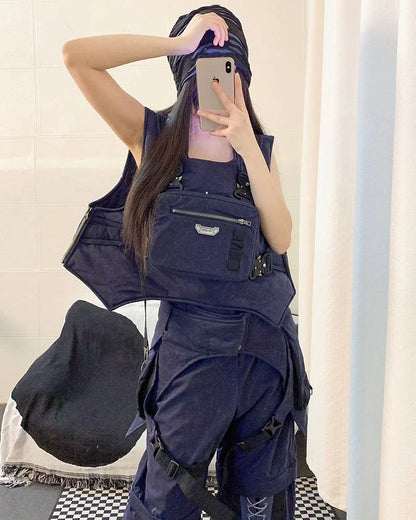 Reversible Cyberpunk Cargo Vest - cyberpunk vest - Reversible Cyberpunk Cargo Vest in Dark Blue - View 13