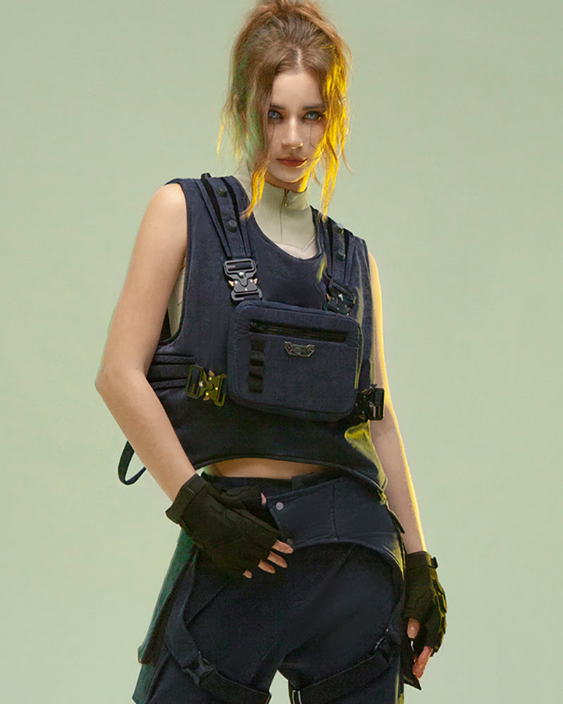 Reversible Cyberpunk Cargo Vest - cyberpunk vest - Reversible Cyberpunk Cargo Vest in Dark Blue - View 7