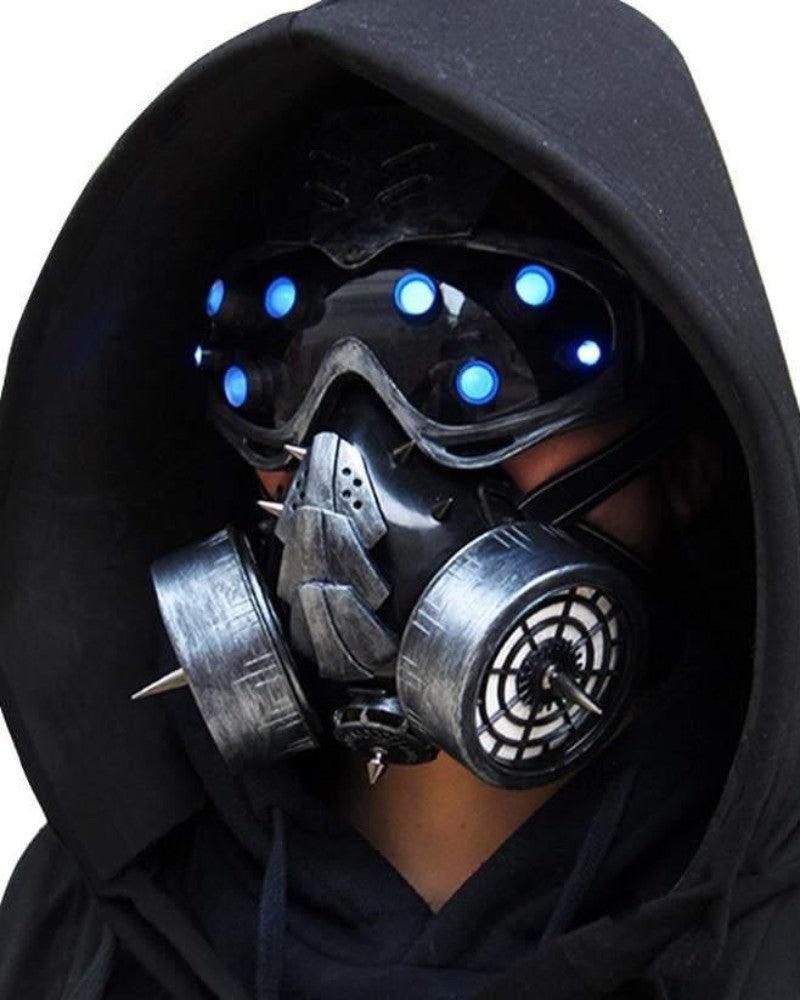 A person wearing a futuristic gas mask with colorful LED lights, in a hooded jacket.