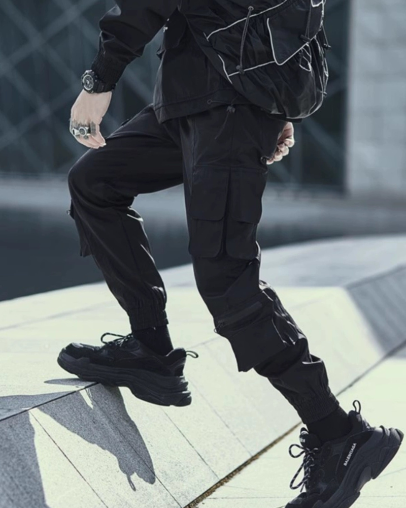 Sleek Black Cargo Tech Pants -  multi-pocket pants - Slim Fit Black Cargo Tech Pants for Everyday Style - View 6