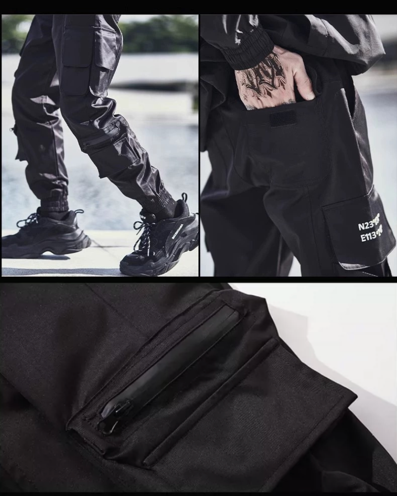 Sleek Black Cargo Tech Pants -  slim fit pants - Slim Fit Black Cargo Tech Pants for Everyday Style - View 7
