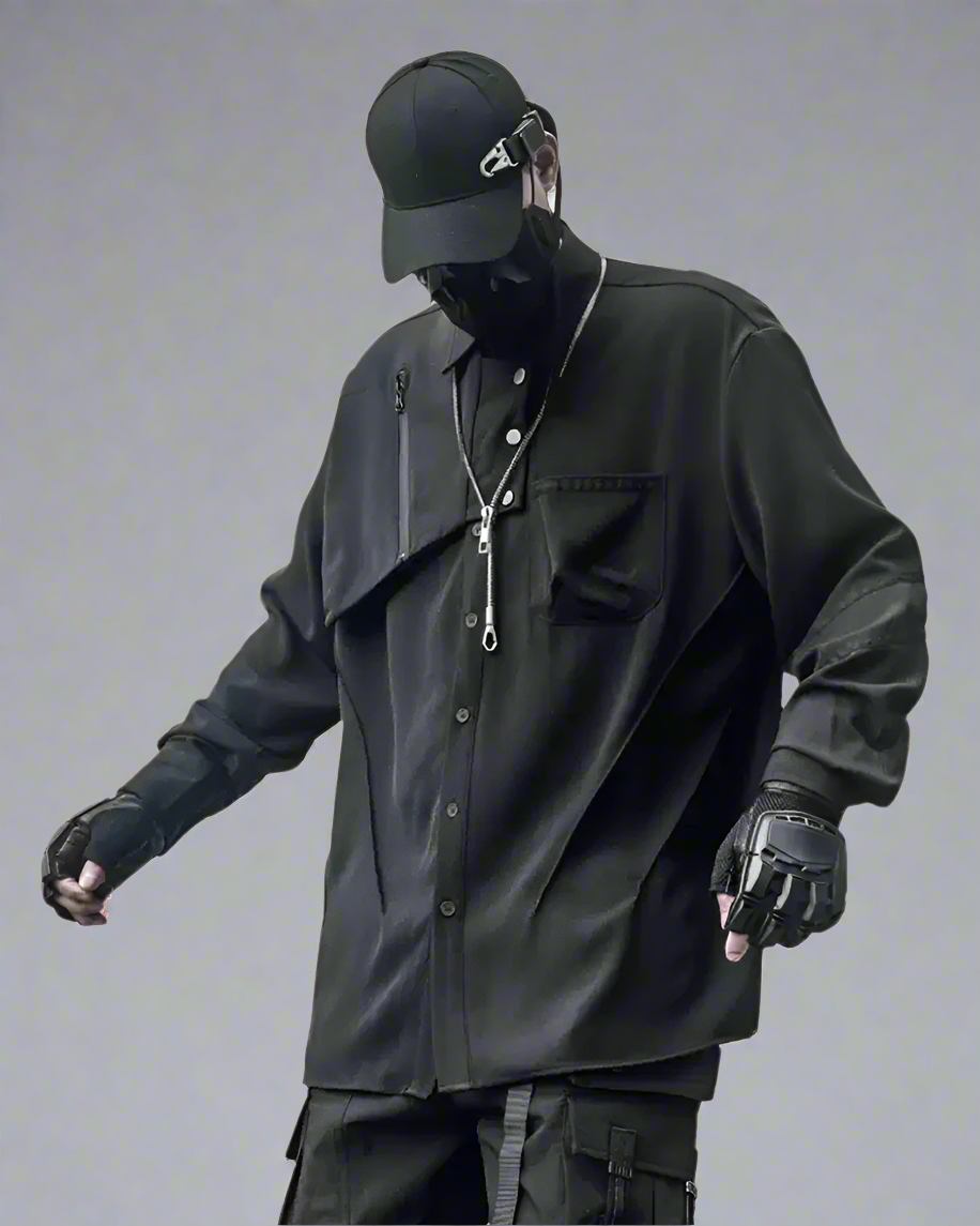 Sleek Black Long-Sleeve Shirt - black shirt - Sleek Black Long-Sleeve Shirt with Unique Design - Main view