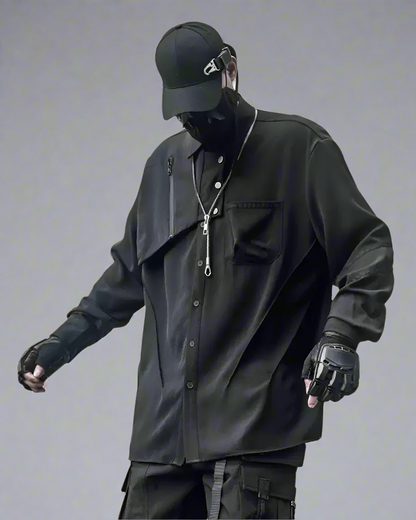 Sleek Black Long-Sleeve Shirt - black shirt - Sleek Black Long-Sleeve Shirt with Unique Design - Main view