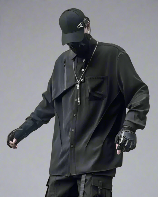 Sleek Black Long-Sleeve Shirt - black shirt - Sleek Black Long-Sleeve Shirt with Unique Design - Main view