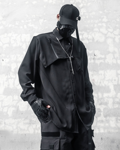 Sleek Black Long-Sleeve Shirt -  deconstructed design - Sleek Black Long-Sleeve Shirt with Unique Design - View 3