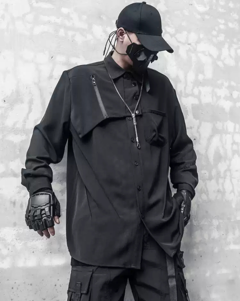 Sleek Black Long-Sleeve Shirt -  long-sleeve - Sleek Black Long-Sleeve Shirt with Unique Design - View 4