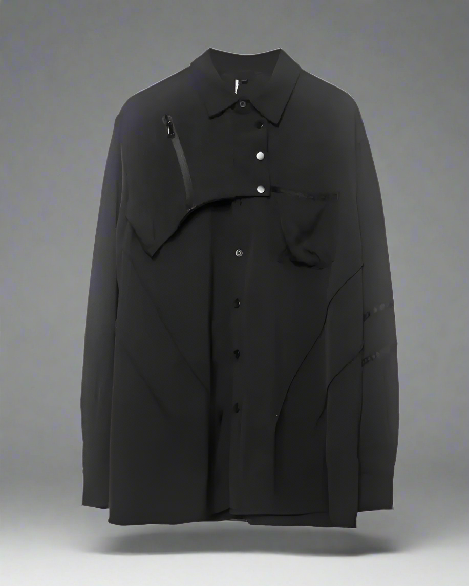 Sleek Black Long-Sleeve Shirt - unique patchwork shirt - Sleek Black Long-Sleeve Shirt with Unique Design - View 2