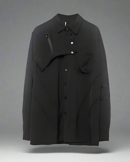 Sleek Black Long-Sleeve Shirt - unique patchwork shirt - Sleek Black Long-Sleeve Shirt with Unique Design - View 2