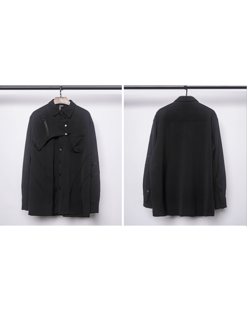 Sleek Black Long-Sleeve Shirt - unique patchwork shirt - Sleek Black Long-Sleeve Shirt with Unique Design - View 9