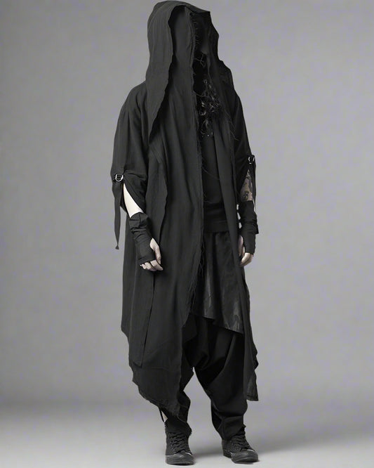 Stealthy Techwear Ninja Cloak - futuristic techwear clothing - Futuristic Black Techwear Ninja Cloak for Urban Style - Main view