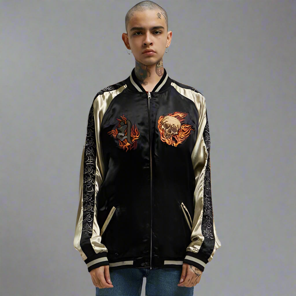 Stylish Black Embroidered Jacket - embroidered jacket - Reversible Embroidered Sukajan Jacket for All Occasions - Main view