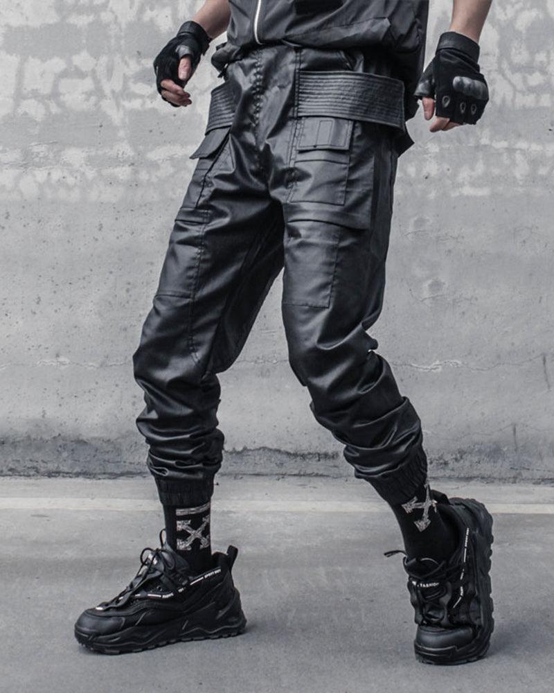 Stylish Black Waxed Cargo Pants - black cargo pants - Stylish Black Cargo Pants with Functional Design - Main view