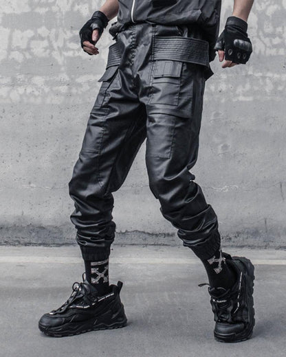 Stylish Black Waxed Cargo Pants - black cargo pants - Stylish Black Cargo Pants with Functional Design - Main view