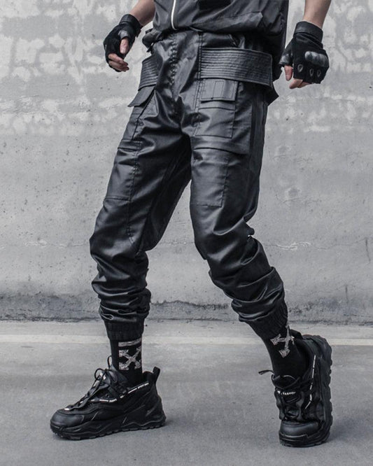 Stylish Black Waxed Cargo Pants - black cargo pants - Stylish Black Cargo Pants with Functional Design - Main view