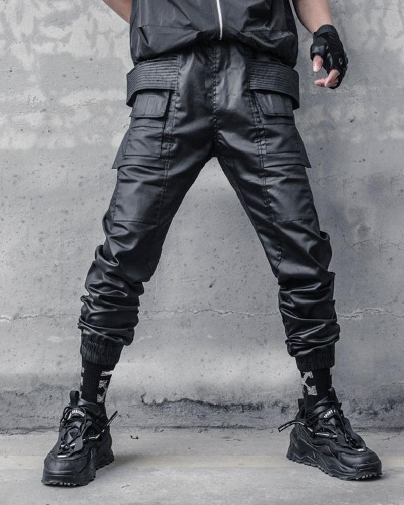Stylish Black Waxed Cargo Pants - rugged appeal cargo pants - Stylish Black Cargo Pants with Functional Design - View 2