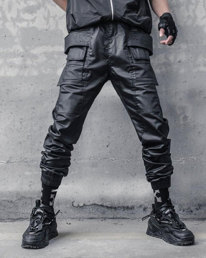 Stylish Black Waxed Cargo Pants - rugged appeal cargo pants - Stylish Black Cargo Pants with Functional Design - View 2