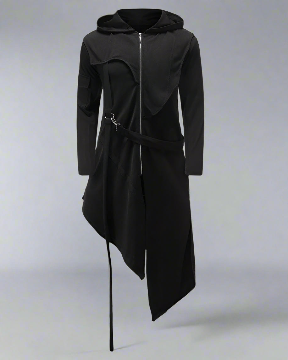 Stylish Irregular Long Tech Coat - hooded tech coat - Futuristic Hooded Long Tech Coat for Every Occasion - Main view