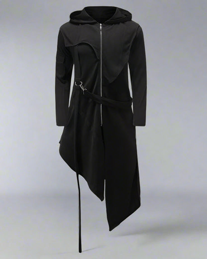 Stylish Irregular Long Tech Coat - hooded tech coat - Futuristic Hooded Long Tech Coat for Every Occasion - Main view