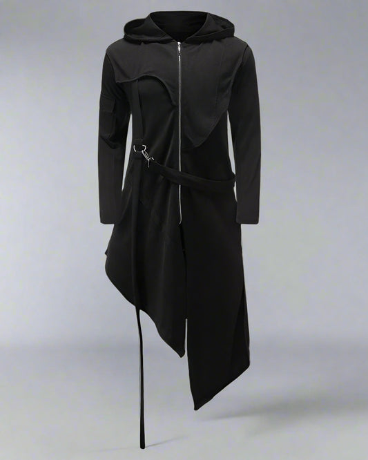 Stylish Irregular Long Tech Coat - hooded tech coat - Futuristic Hooded Long Tech Coat for Every Occasion - Main view