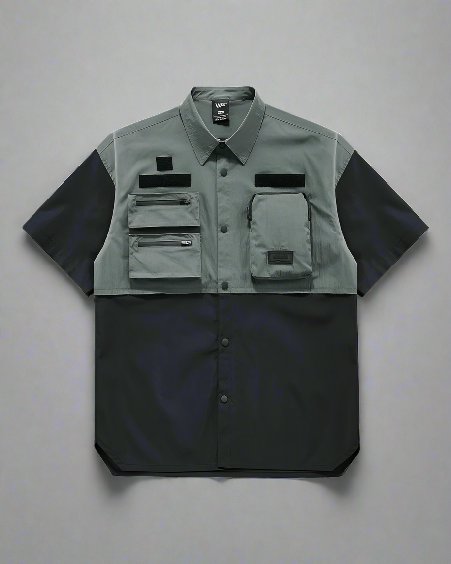 Stylish Layered Short Sleeve Shirt - tactical techwear shirt - Layered Short Sleeve Tactical Shirt for Urban Fashion - Main view