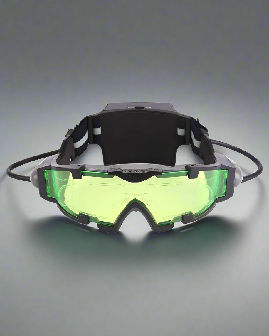 green LED night vision goggles with a black and white outfit.