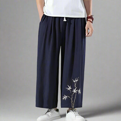 Trendy Comfort Fit Trousers -  adjustable waist - Hakama Style Shinbo Pants with Embroidered Details - View 3