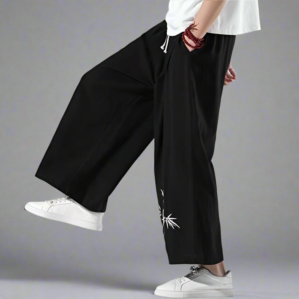 Trendy Comfort Fit Trousers -  adjustable waist trousers - Hakama Style Shinbo Pants with Embroidered Details - View 4