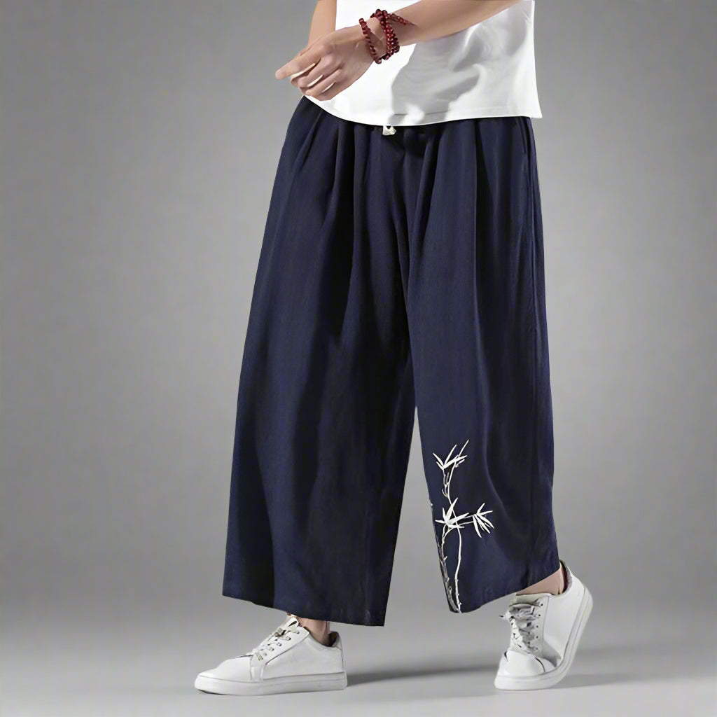 Trendy Comfort Fit Trousers -  hakama pants - Hakama Style Shinbo Pants with Embroidered Details - View 5