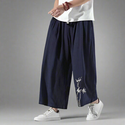 Trendy Comfort Fit Trousers -  hakama pants - Hakama Style Shinbo Pants with Embroidered Details - View 5