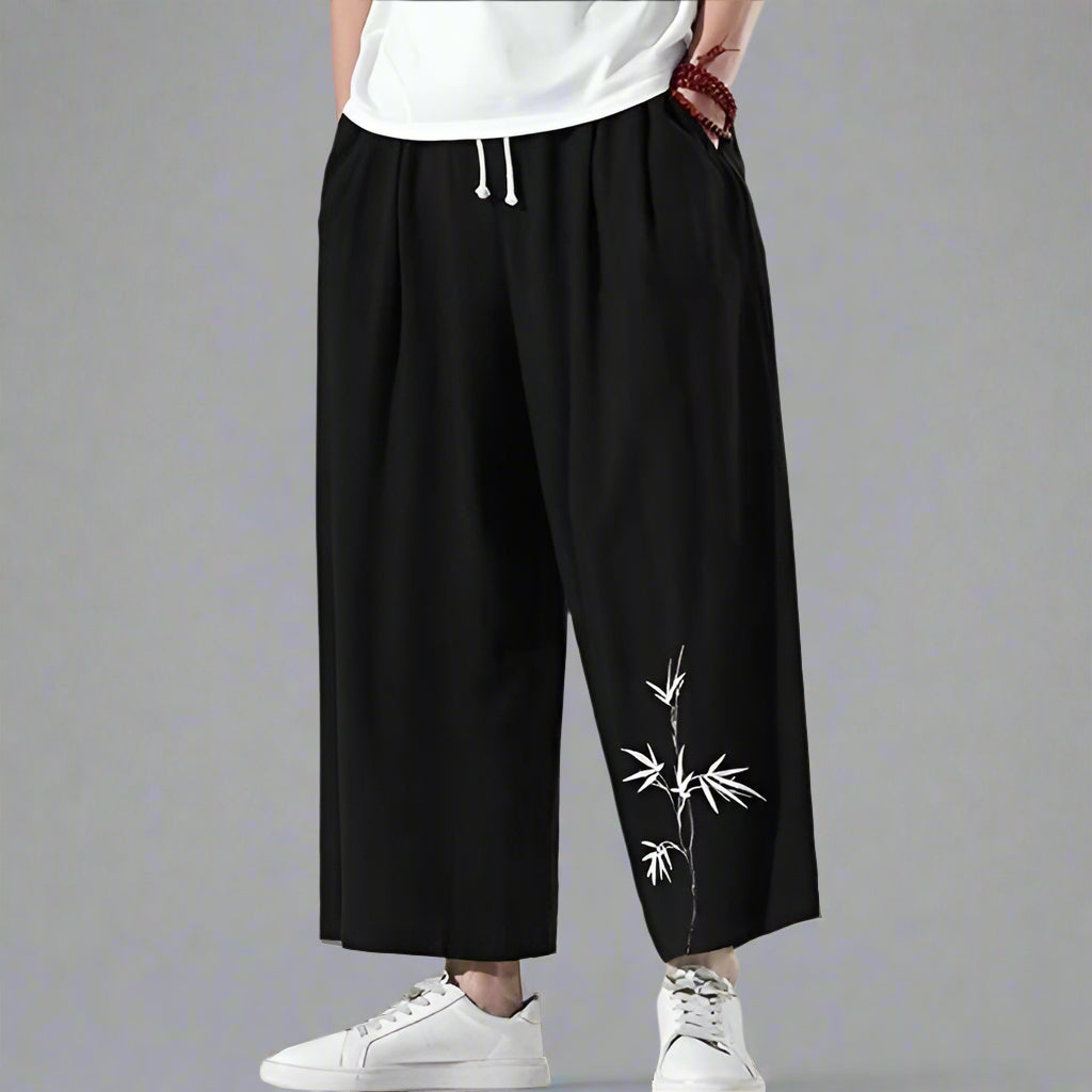 Trendy Comfort Fit Trousers - hakama style trousers - Hakama Style Shinbo Pants with Embroidered Details - View 2