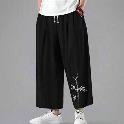 Trendy Comfort Fit Trousers - hakama style trousers - Hakama Style Shinbo Pants with Embroidered Details - View 2