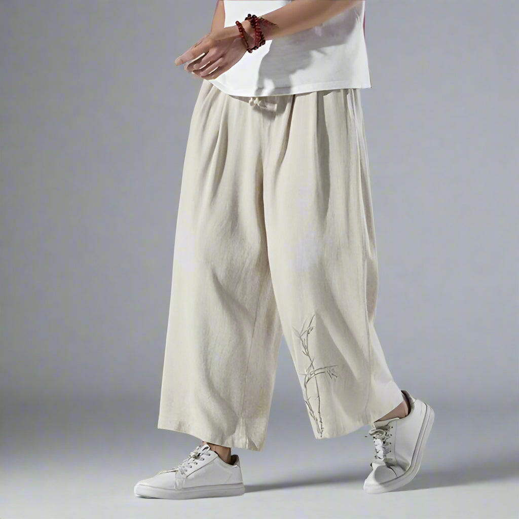Trendy Comfort Fit Trousers -  loose fit - Hakama Style Shinbo Pants with Embroidered Details - View 6